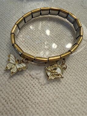 Butterfly Italian Charm Bracelet Duo Tone Hearts 18 Link Stretch Bracelet